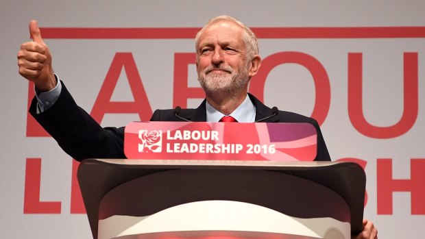 Jeremy Corbyn MP gives the thumbs up to supporters after being announced as the leader of the Labour Party on the eve of the party's annual conference at the ACC.