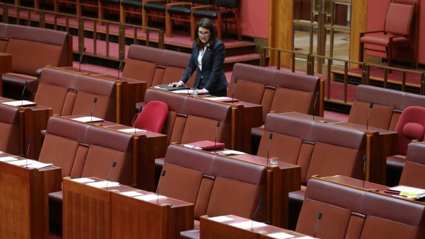 Senator Jane Hume speaks to a near-empty Senate at Parliament House in Canberra on Monday.