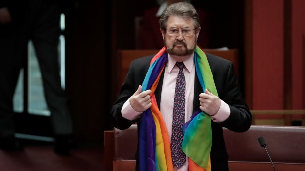 Derryn Hinch was asked by Liberal senator Ian Macdonald to remove his rainbow scarf.