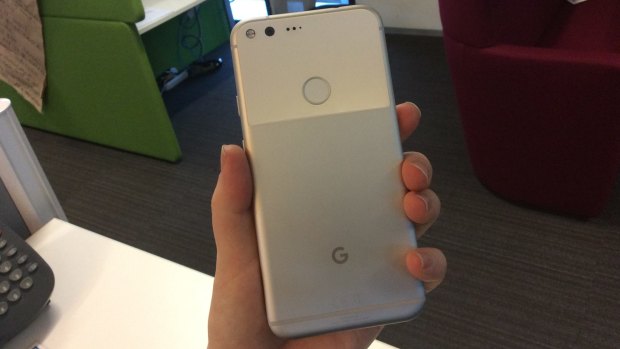 The rear of the Pixel, with its fingerprint sensor and small-but-might camera.