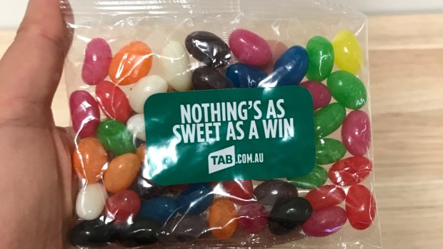 Not so sweet: A TAB-branded packet of jelly beans, which was handed out to Greens MP Justin Field.