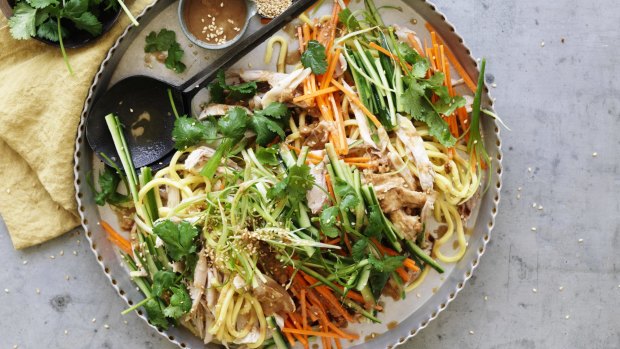 Peanut butter noodles with roast chicken.