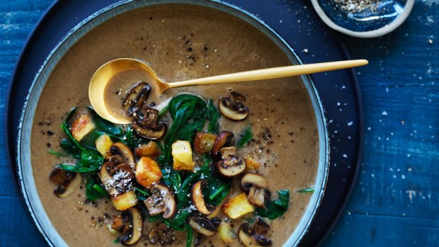 Brown mushroom and spinach soup.