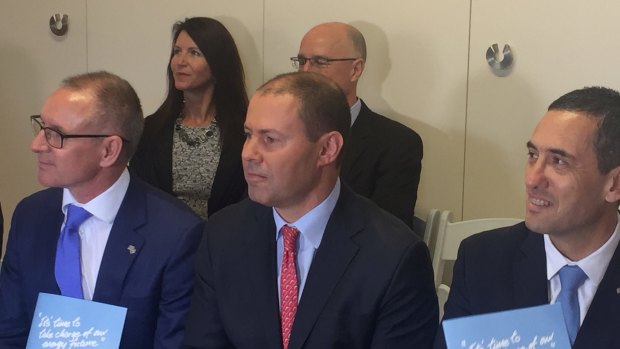 SA Premier Jay Weatherill, federal Energy Minister Josh Frydenberg and SA Treasurer Tom Koutsantonis earlier this year.