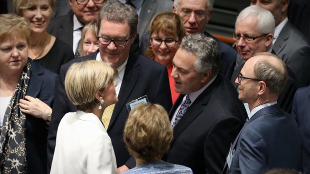 Julie Bishop greets Joe Hockey and Alexander Downer, ex-Liberal ministers and now diplomats, among other heads of mission this week.