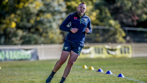 Raiders five-eighth Blake Austin training on Tuesday ahead of a crucial trip to Auckland this week. 