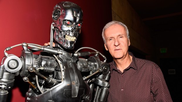  Director James Cameron with a model of the Terminator from the <i>The Terminator</i> movie series. 