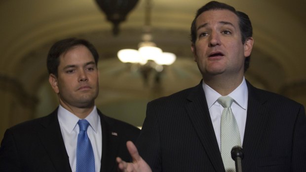 Senators Ted Cruz, right, and Marco Rubio, at a news conference. Both are faring much better than Jeb Bush in polls despite having spent much less than him.