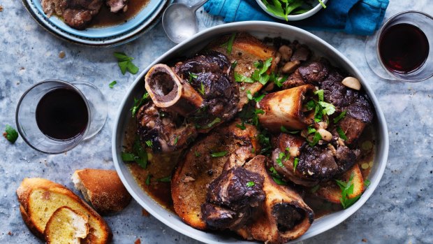 Veal shank slow cooked in wine.
