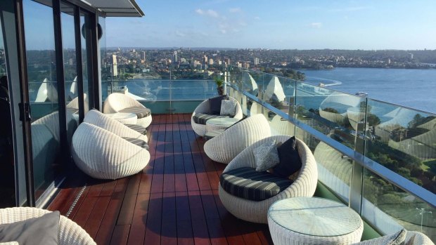 Incredible views: The wraparound terrace on level 32 Club Lounge, Intercontinental Sydney.
