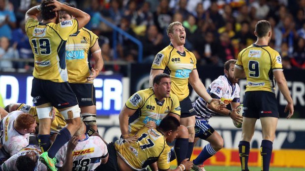The Brumbies react to the referees call during the Super Rugby match against the Stormers.