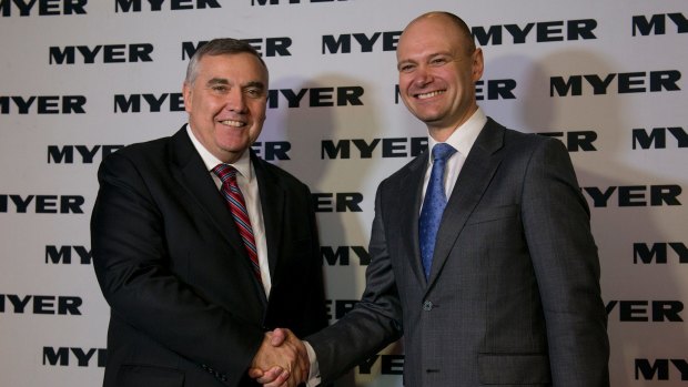 Bernie Brookes (left) has stepped down as Myer chief executive and has been replaced by Richard Umbers.