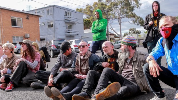 Squatters protest attempts to evict them from Bendigo St in Collingwood.