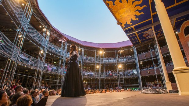 <i>As You Like It</I> at the Pop-Up Globe, which is designed so the audience can get up close to the action on the stage.