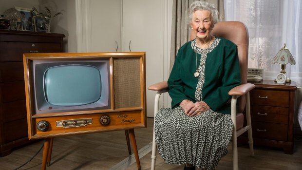 Carmel Young with her original 1956 AWA television, one of 100 iconic products from the 20th century that will feature in an exhibition at Myer from this week. 