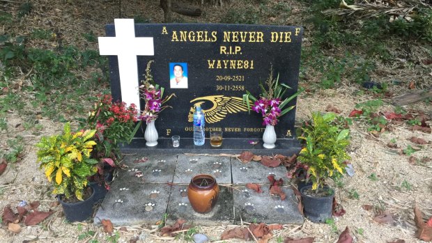 A commemorative stone for Wayne Schneider at at a Hells Angels compound in Pattaya. 