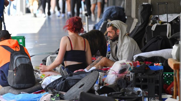 Homeless people at the camp near Flinders Street Station.