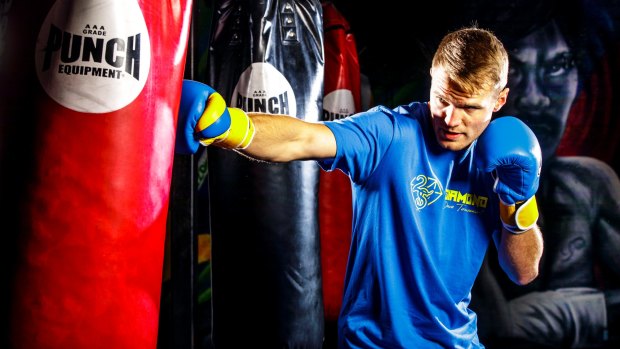 Canberra boxer David Toussaint training in the lead-up to his fight on the Manny Pacquiao-Jeff Horn card in Brisbane on July 2. 