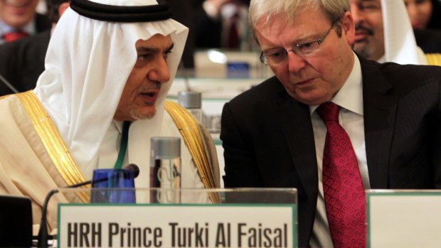 Saudi Arabia's former intelligence chief Prince Turki al-Faisal, left, with then Australian foreign minister Kevin Rudd  at the Manama Dialogue in Bahrain in December 2010.