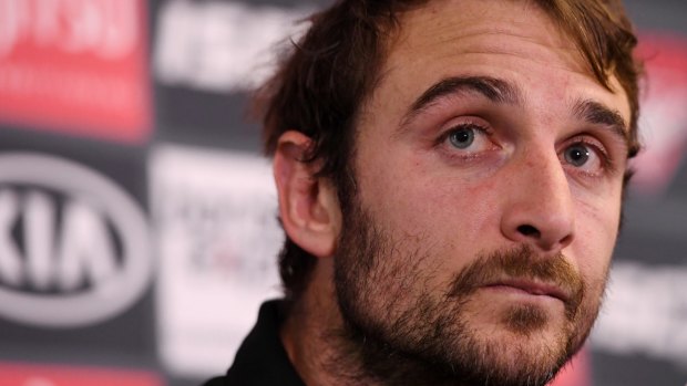 Jobe Watson at the media conference announcing his retirement.