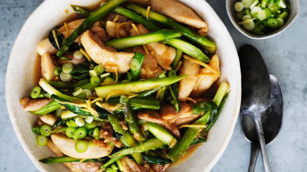 Spring stir-fry with chicken and asparagus.