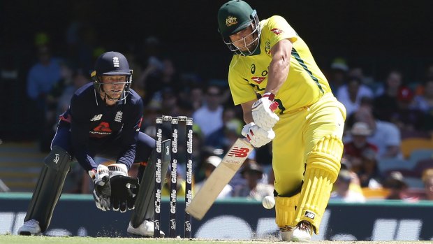 Form batsman: Aaron Finch attacks the English bowling, but his departure left Australia idling in the final overs.