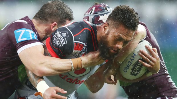 Western force: Manu Vatuvei is tackled by the Sea Eagles during a match in Perth in 2016.