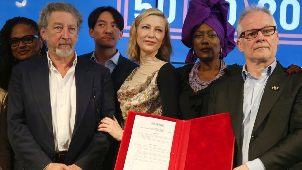 Jury members Ava DuVernay, from left, Robert Guediguian, Chang Chen, Cate Blanchett, Khadja Nin and Cannes Film Festival Director Thierry Fremaux with the 50/50 2020 Gender Equality Pledge