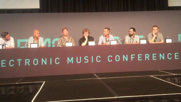Panellists discuss the lockout legislation at the Electronic Music Conference in Sydney on Tuesday.