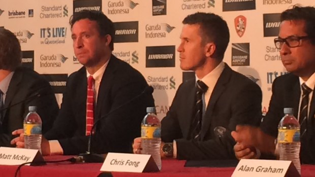 Liverpool legend Robbie Fowler and Roar captain Matt McKay at the press conference in Brisbane on Tuesday.