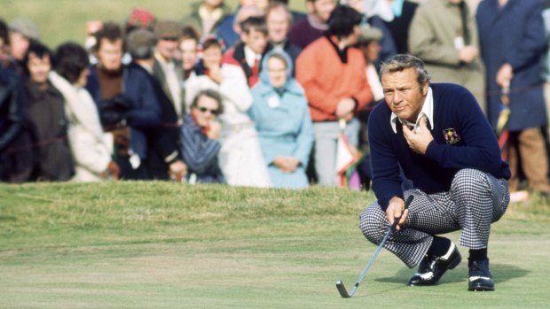 1973: Palmer lines up a putt during the Ryder Cup at Muirfield in Scotland. 