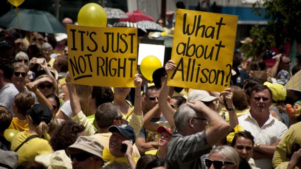 Thousands attended a rally for Allison Baden-Clay in King George Square after the Court of Appeal decision.