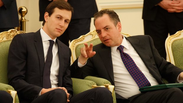 Jared Kushner talks with White House chief of staff Reince Priebus during US President Donald Trump's visit to the Saudi capital Riyadh in May.