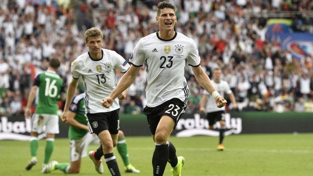 Mario Gomez celebrates scoring a German goal against Northern Ireland last week.