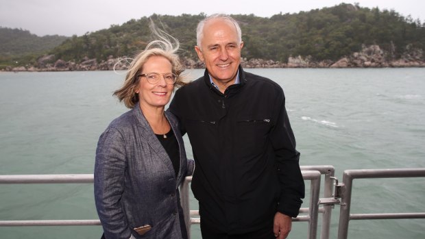 Prime Minister Malcolm Turnbull and his wife Lucy on board the sealink off Magnetic Island near Townsville.