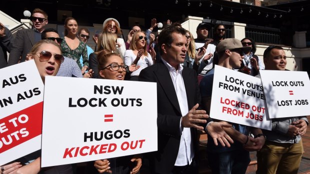 Hugos owner Dave Evans and staff of Hugos in Kings Cross picket after closing in August. The restaurateur blamed the closure on the impact of lockout laws.