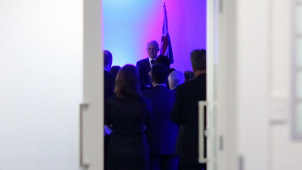 Prime Minister Malcolm Turnbull addresses a fundraiser at the headquarters of senator Cory Bernardi's Conservative Leadership Foundation in June.