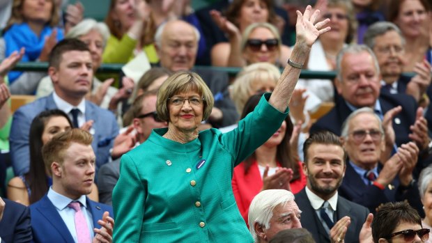 Margaret Court is announced to the crowd at Wimbledon this year.