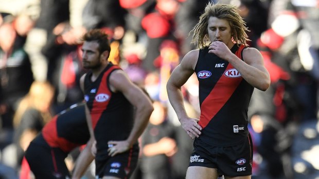 Dyson Heppell reacts after the loss to the Lions on Sunday.