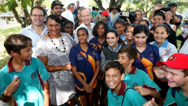 Opposition Leader Bill Shorten with Senator Nova Peris during a National Sorry Day event in Darwin on Thursday.
