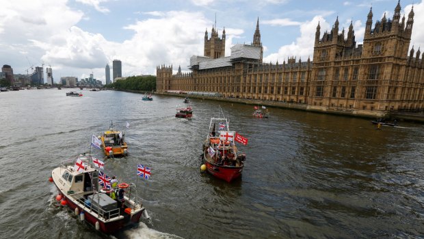 Fishermen and campaigners for the Leave campaign outside Parliament in London.