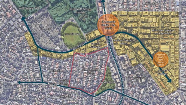 Lane Cove mayor Pam Palmer said St Leonards South (marked in the red boundary) was declared a Priority Precinct in June 2017 "so obviously is being considered for a zoning change".