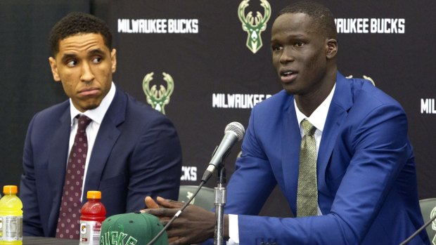 Fresh doubts: Milwaukee Bucks rookie Thon Maker with fellow draft pick Malcolm Brogdon during their introductory news conference at the Milwaukee Bucks' training facility.