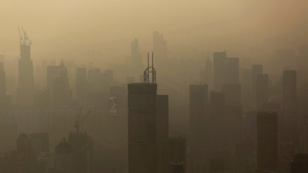 The 'airpocalypse' of winter 2013. Smog hangs in the air around buildings in Shenzhen.