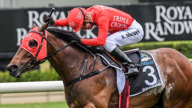 Everest topper: Kerrin McEvoy punches the air as Redzel wins The Everest.
