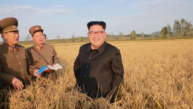 North Korean leader Kim Jong-un, centre, at a farm in North Korea.  