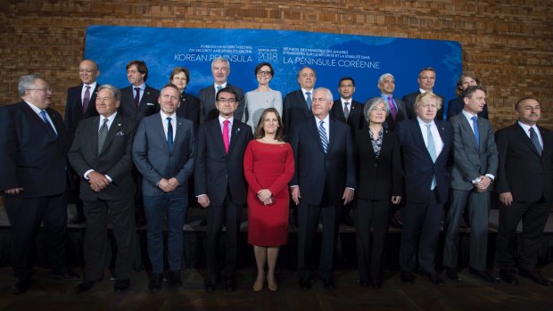 Foreign ministers meet in Vancouver with Canadian Minister of Foreign Affairs Chrystia Freeland, centre, and US Secretary of State Rex Tillerson on her right.