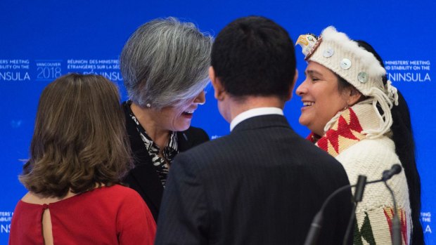 Deanna Lewis of Squamish First Nation, right, meets with Canadian Minister of Foreign Affairs Chrystia Freeland, from left, South Korean Foreign Minister Kang Kyung-wha and Japan Foreign Affairs Minister Taro Kono.