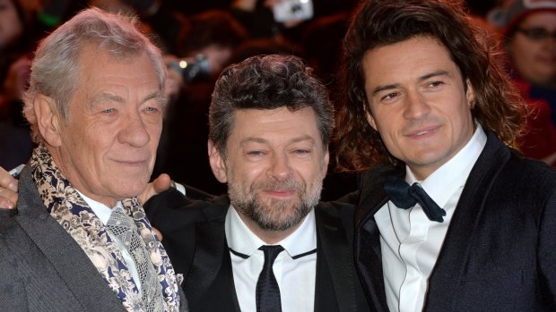 Fond farewell ... (L-R) Sir Ian McKellen, Andy Serkis and Orlando Bloom at the premiere of <i>The Hobbit: The Battle of The Five Armies</i> in London, England.