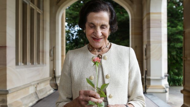 Dame Marie Bashir with the rose named in her honour, the Governor Marie Bashir, after the official planting at Government House. "Today evokes many precious memories."